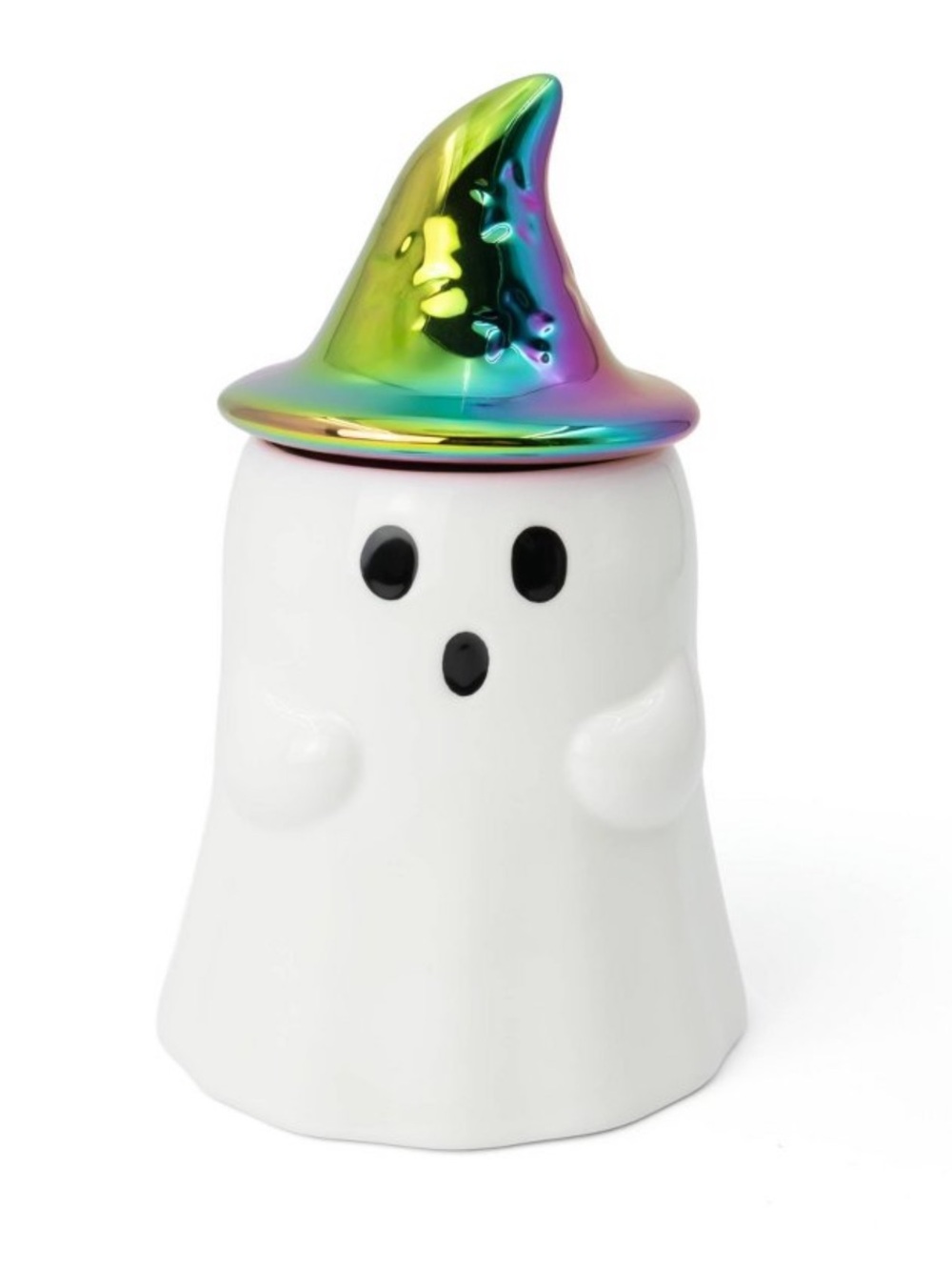 New! White Ceramic Ghost Figurine w/ Iridescent Hat as Lid Bullseye Playground